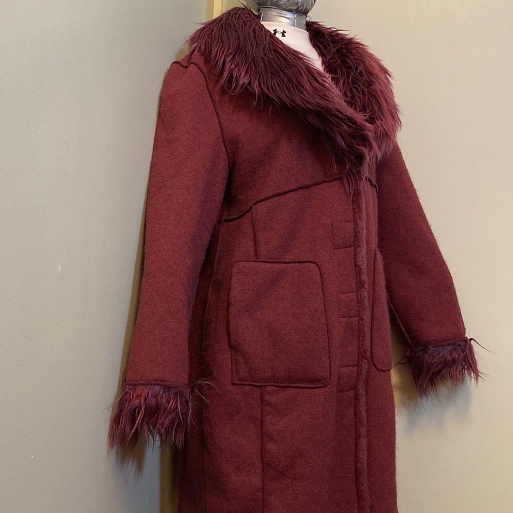 Long Reversible Teddy Coat in Burgundy with Faux Fur Trim - Picture 7 of 14